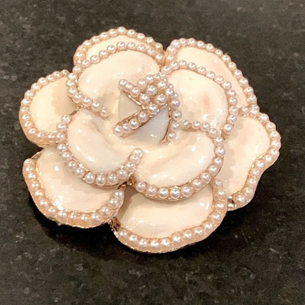 Camellia Lapel Pin in White Enamel with Faux Pearls & Gold Tone Bro-Brooch